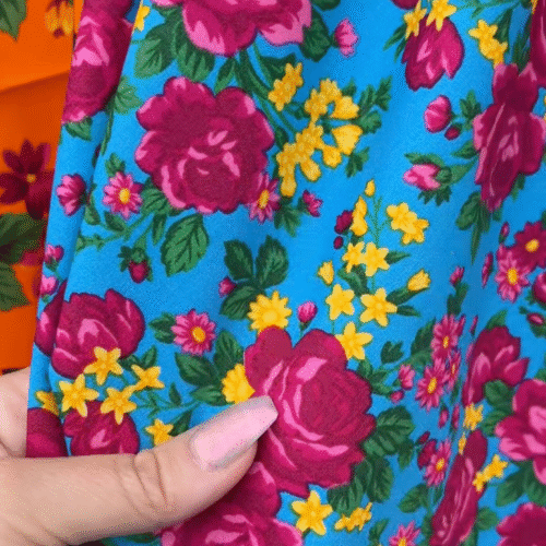 Cotton Fabric Blue with Hot Pink Flowers