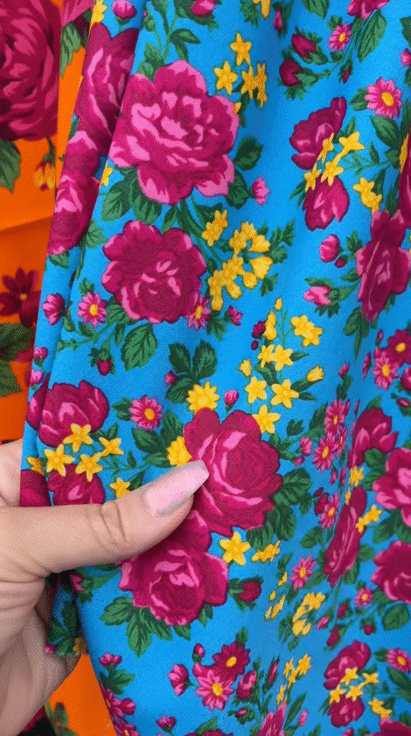 Cotton Fabric Blue with Hot Pink Flowers