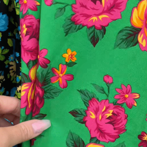 Green with Pink & Yellow Flowers Cotton Fabric