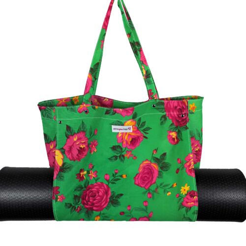 Yoga Tote Essentials Green With Pink Flowers