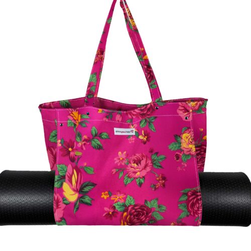 Yoga Tote Bag Essentials With Hot Pink Flowers