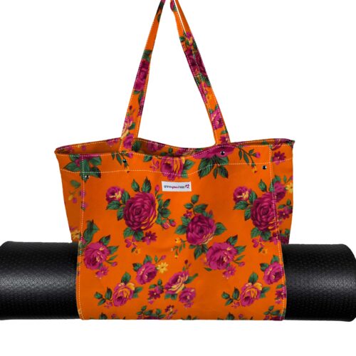 Yoga Tote Bag Essentials Orange With Pink FLowers