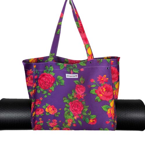 Yoga Tote Bag Essentials Purple With red FLowers