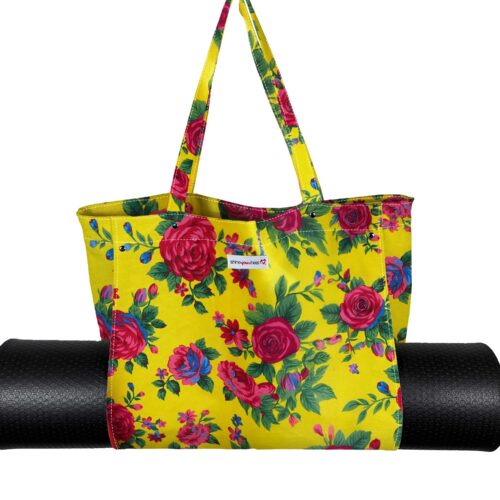 Yoga Tote Bag Essentials Yellow With Pink Flowers