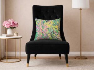 hand marbled pillow neon yellow, green and pink color riot surface