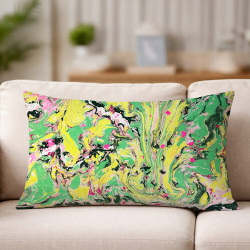 hand marbled pillow neon yellow, green and pink color riot surface
