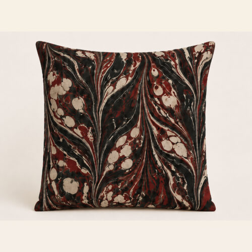 Garnet River water-marbled pillow in garnet red black and cream