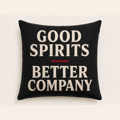 Good Company black Halloween pillow with cream hand-painted lettering