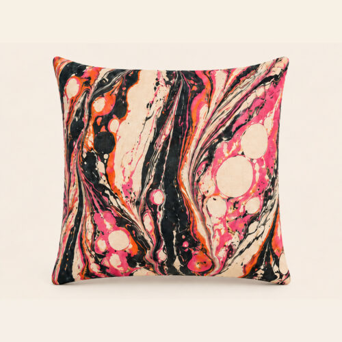 Neon River water-marbled pillow in hot pink coral black and cream