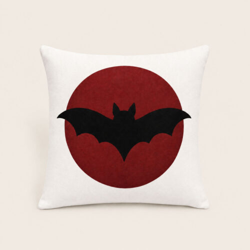 After Hours Halloween bat pillow with black bat and garnet red moon