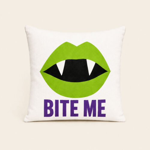 Bite Me hand-painted vampire pillow in acid green and violet