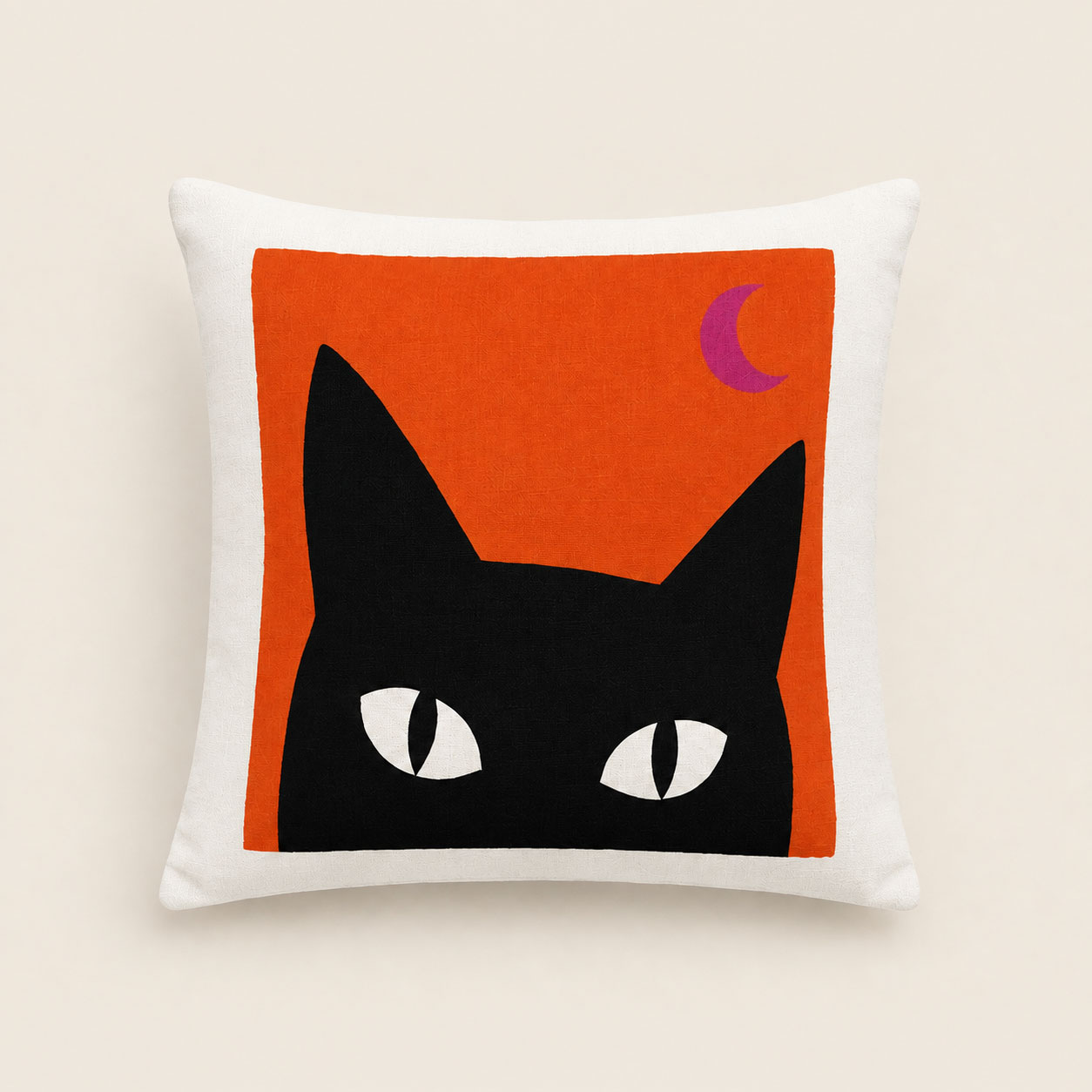 Night Cat black cat Halloween pillow with orange background and violet moon