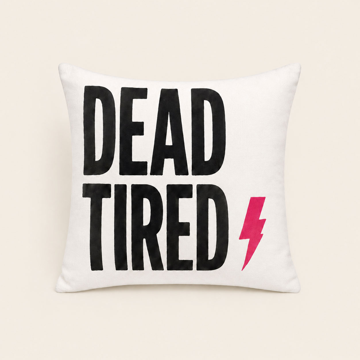 Dead Tired Halloween typography pillow in black hot pink and cream