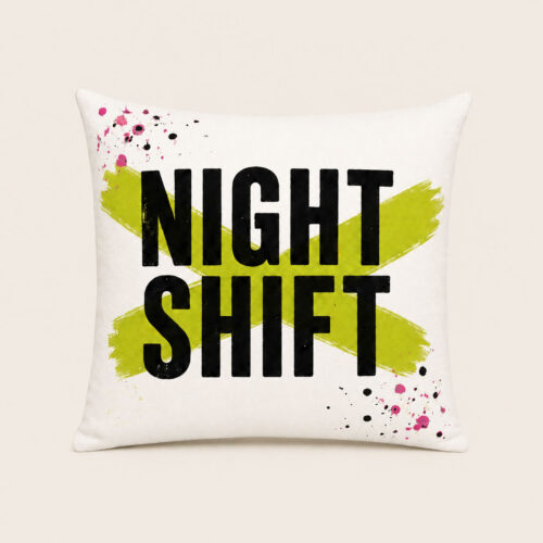 Night Shift punk Halloween pillow with black lettering and green brushwork