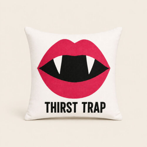 Thirst Trap vampire Halloween pillow with pink lips and white fangs
