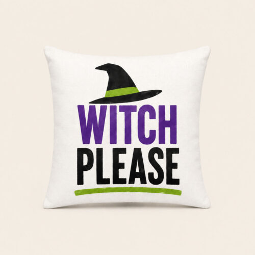Witch Please hand-painted witch pillow in violet black and acid